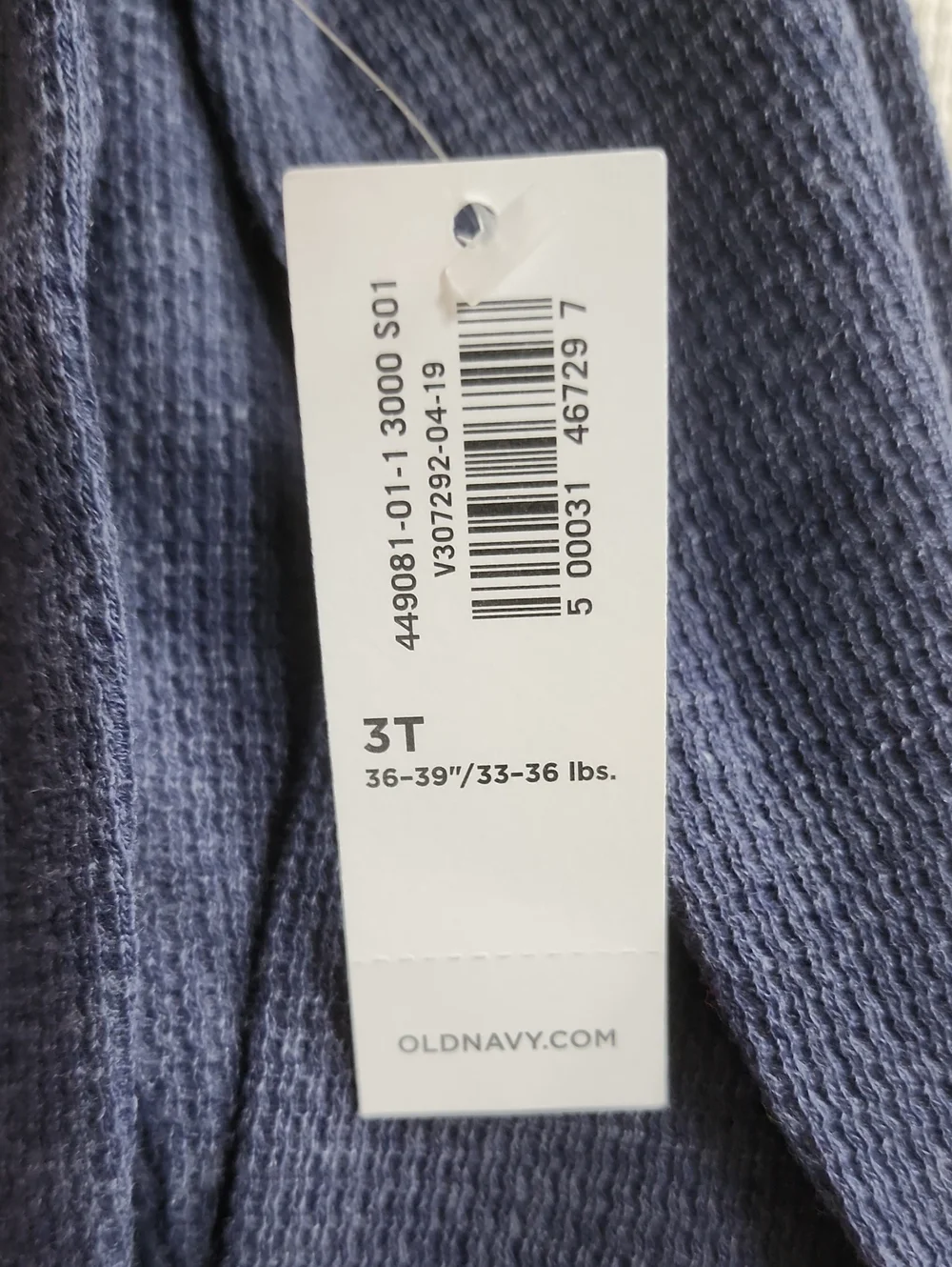 Nwt 3T Old Navy Kids Thermal Long-Sleeve Top - Navy Blue and Oatmeal